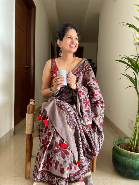 Cotton hand block printed saree with zari border