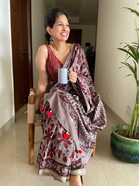Cotton hand block printed saree with zari border