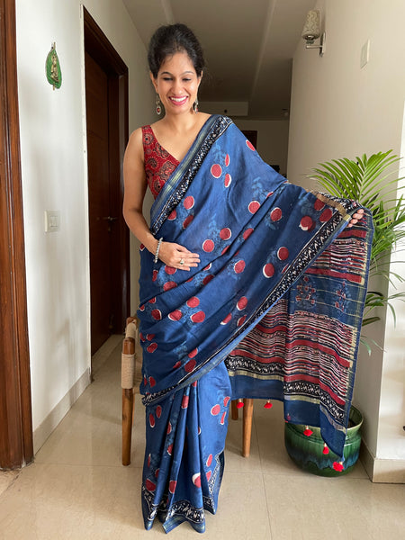 Cotton hand block printed saree with zari border