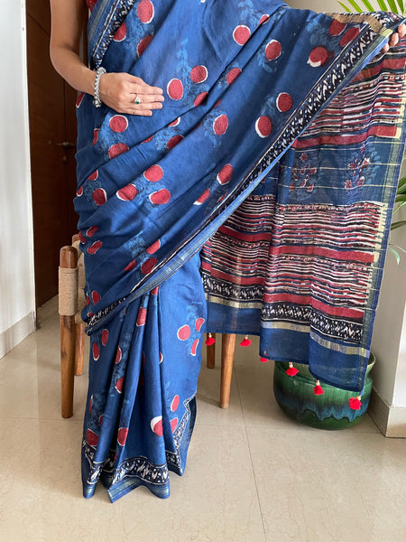 Cotton hand block printed saree with zari border