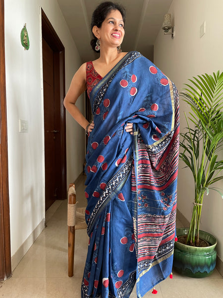 Cotton hand block printed saree with zari border