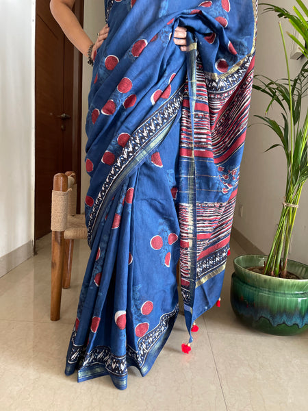Cotton hand block printed saree with zari border