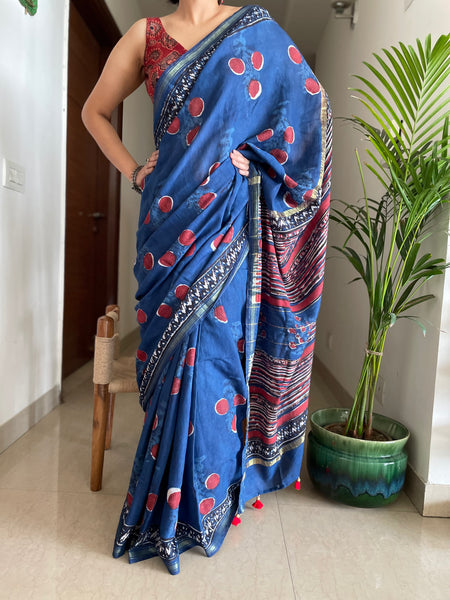 Cotton hand block printed saree with zari border