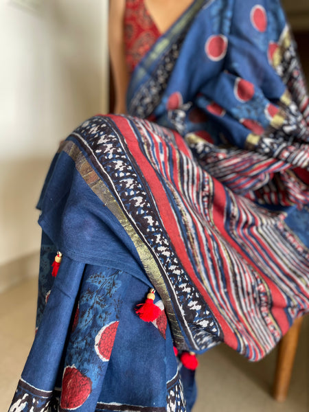 Cotton hand block printed saree with zari border
