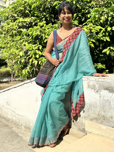 Embroidered pallu & patchwork border- kota doria saree