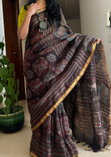 Ajrakh Block Printed Handwoven Linen Saree