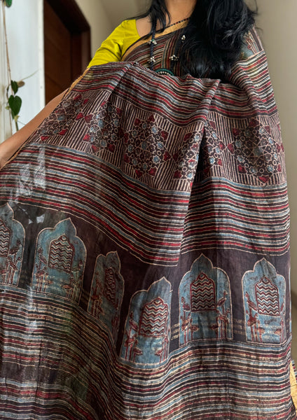 Ajrakh Block Printed Handwoven Linen Saree