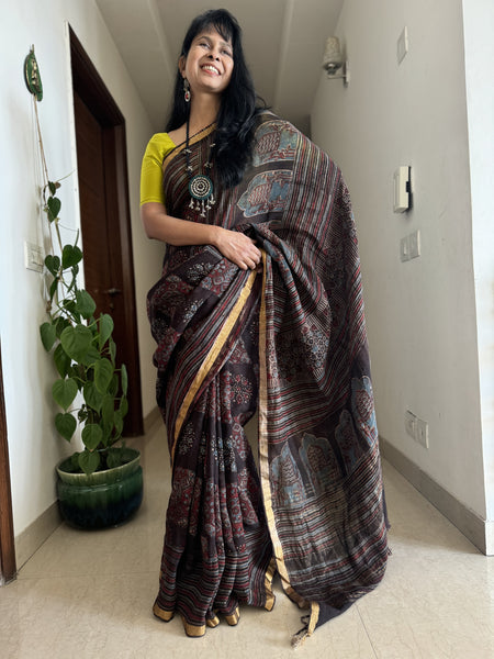 Ajrakh Block Printed Handwoven Linen Saree