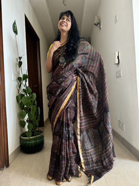 Ajrakh Block Printed Handwoven Linen Saree
