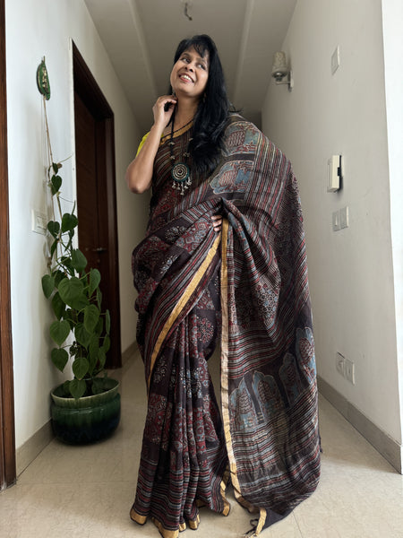 Ajrakh Block Printed Handwoven Linen Saree