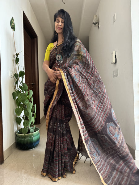 Ajrakh Block Printed Handwoven Linen Saree