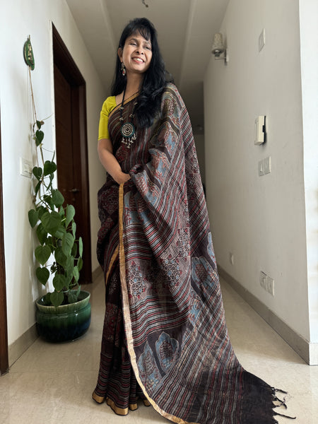 Ajrakh Block Printed Handwoven Linen Saree