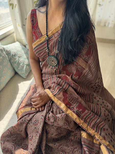 Ajrakh Block Printed Handwoven Linen Saree