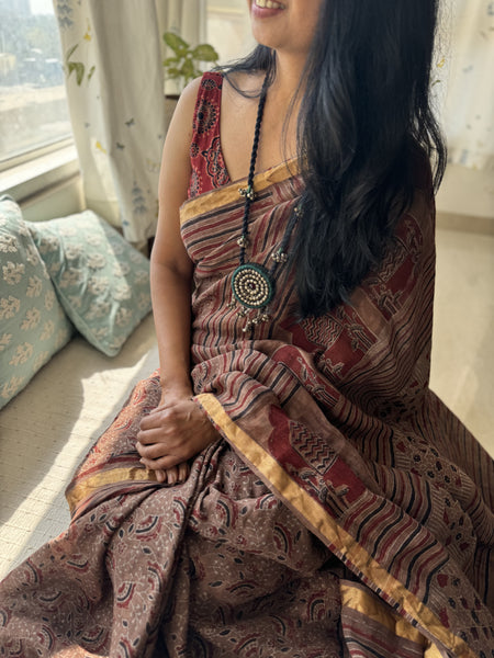 Ajrakh Block Printed Handwoven Linen Saree