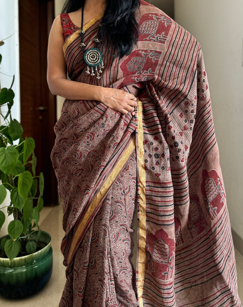 Ajrakh Block Printed Handwoven Linen Saree