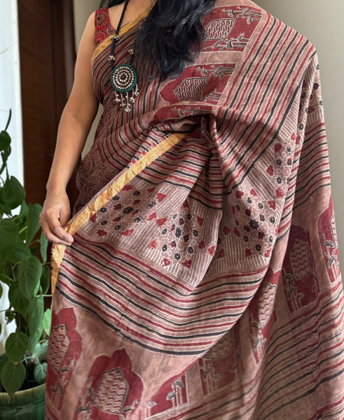 Ajrakh Block Printed Handwoven Linen Saree