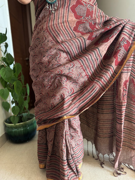 Ajrakh Block Printed Handwoven Linen Saree