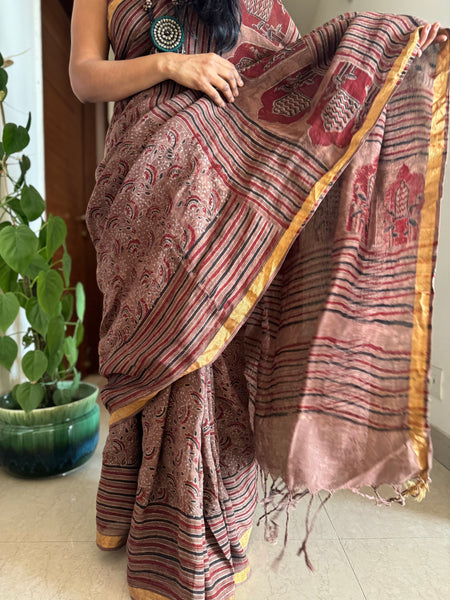 Ajrakh Block Printed Handwoven Linen Saree