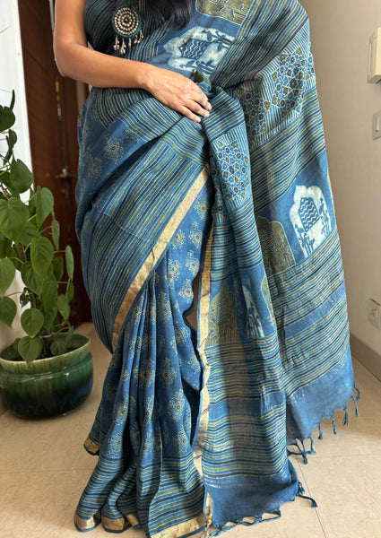 Ajrakh Block Printed Handwoven Linen Saree