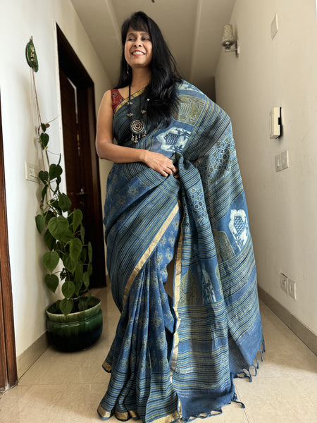 Ajrakh Block Printed Handwoven Linen Saree
