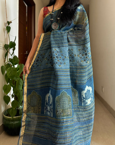 Ajrakh Block Printed Handwoven Linen Saree
