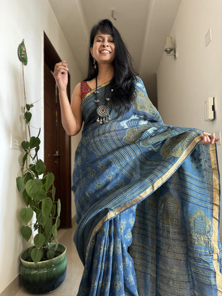 Ajrakh Block Printed Handwoven Linen Saree