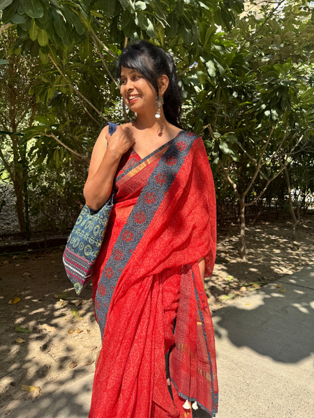 Embroidered pallu & patchwork border- kota doria saree