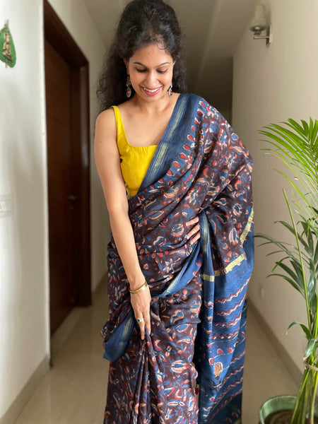 Cotton hand block printed saree with zari border