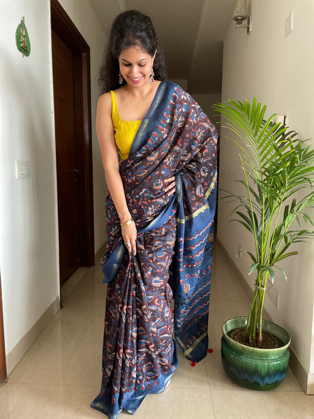 Cotton hand block printed saree with zari border