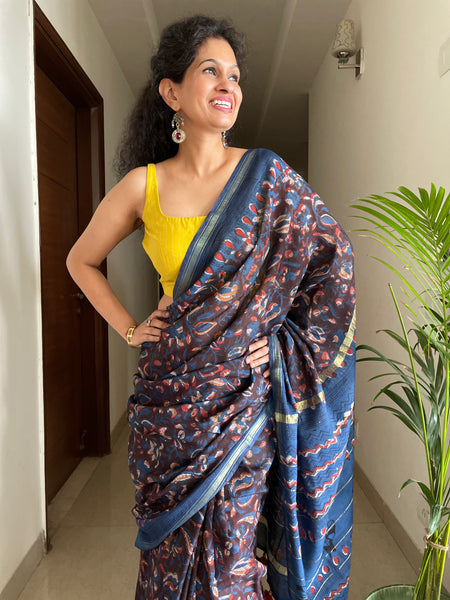 Cotton hand block printed saree with zari border