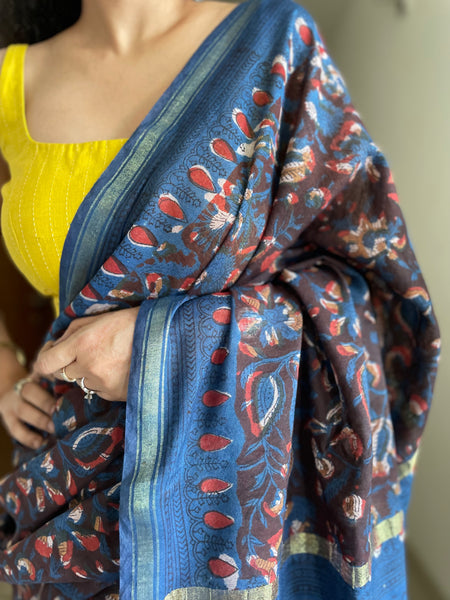Cotton hand block printed saree with zari border