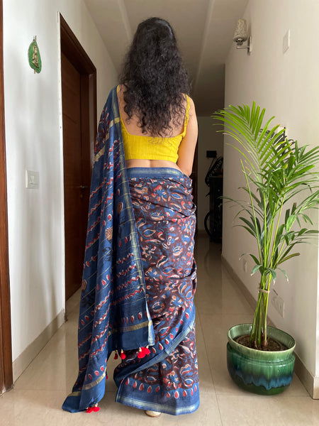 Cotton hand block printed saree with zari border