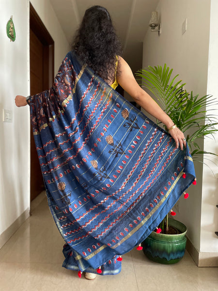 Cotton hand block printed saree with zari border