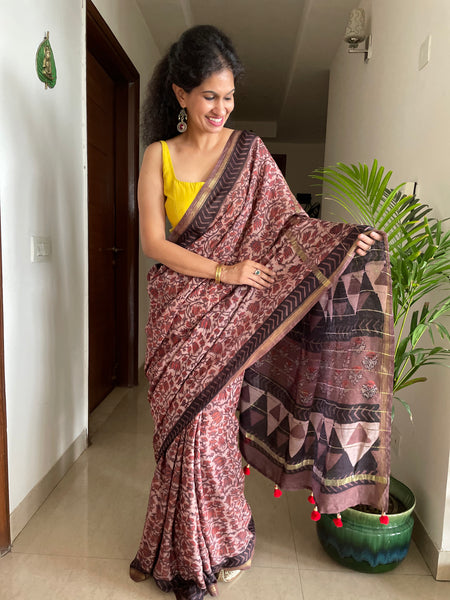 Cotton hand block printed saree with zari border