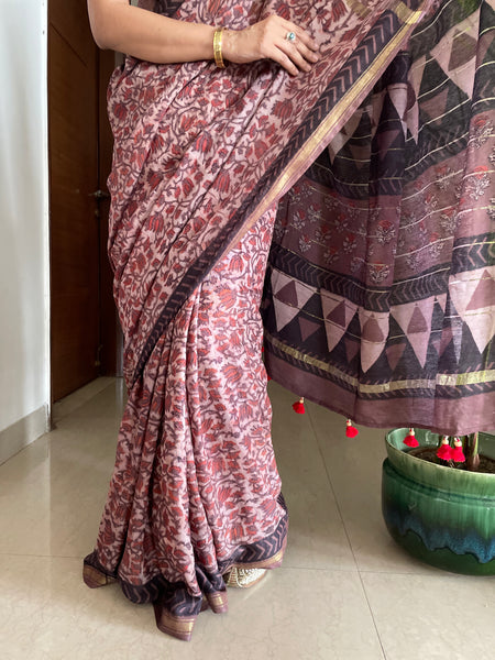 Cotton hand block printed saree with zari border