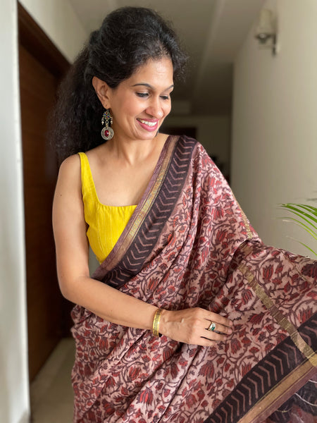 Cotton hand block printed saree with zari border
