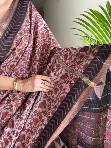 Cotton hand block printed saree with zari border