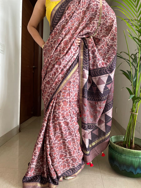 Cotton hand block printed saree with zari border