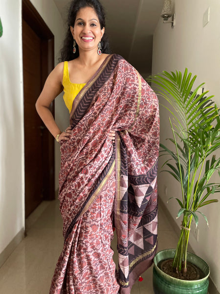 Cotton hand block printed saree with zari border