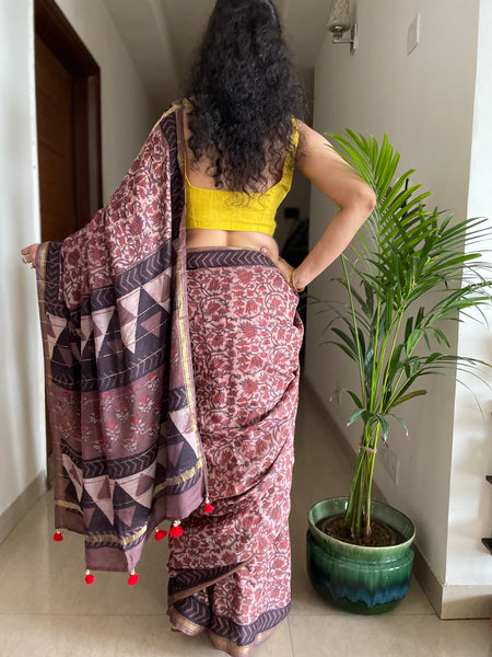 Cotton hand block printed saree with zari border