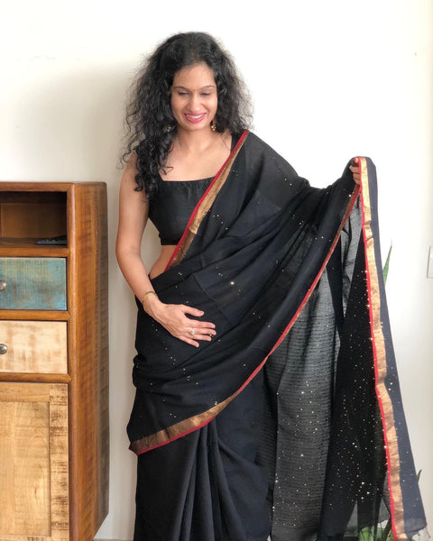 Woven sitara cotton saree- Black