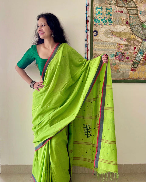 Charu Cotton Jamdani Saree- Green