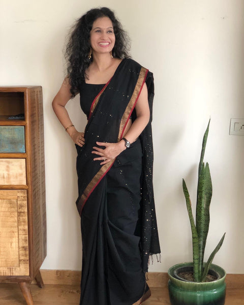 Woven sitara cotton saree- Black