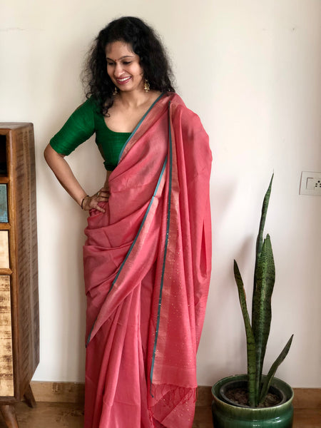 Woven sitara cotton saree- Peach