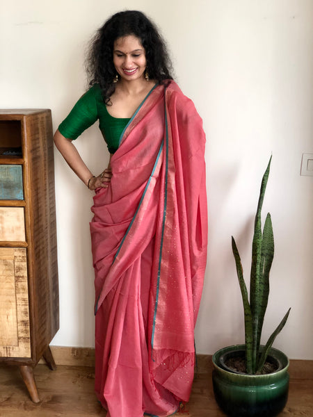 Woven sitara cotton saree- Peach