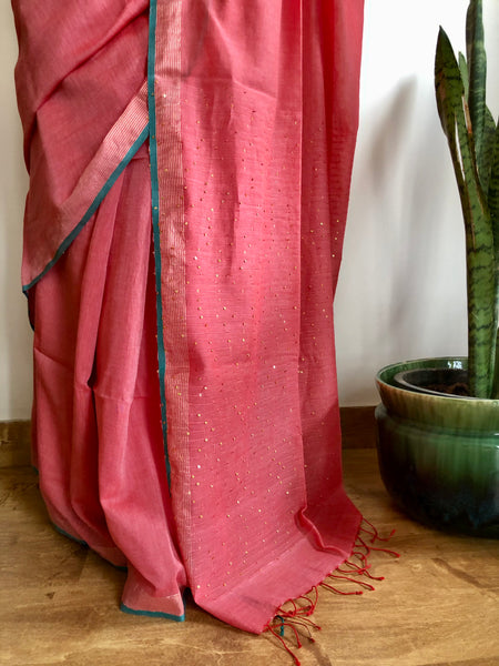 Woven sitara cotton saree- Peach
