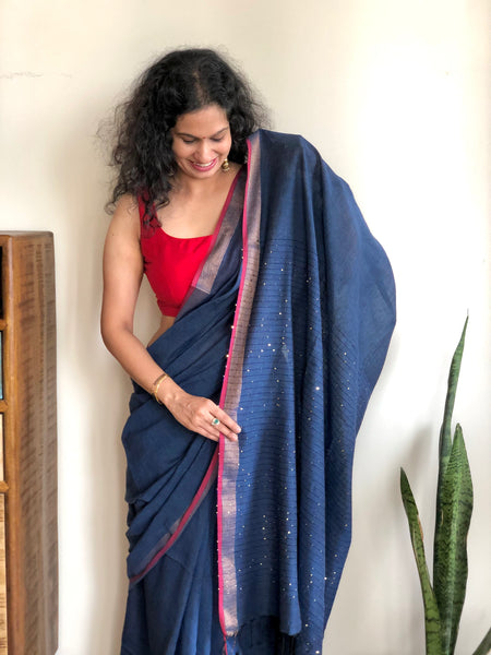 Woven sitara cotton saree- Dusty Blue