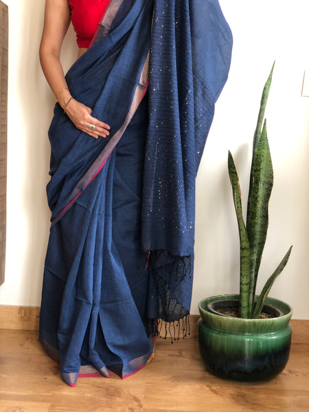 Woven sitara cotton saree- Dusty Blue