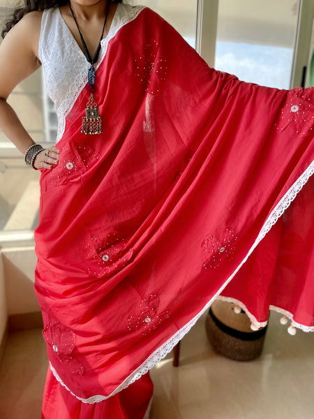 Cotton saree with Single flower Patchwork and Hand Embroidery
