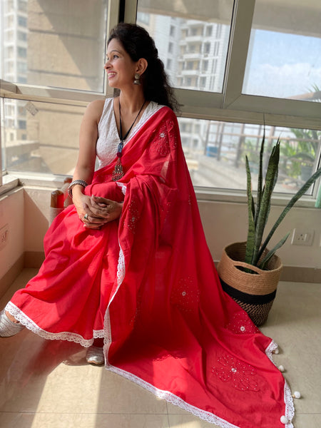 Cotton saree with Single flower Patchwork and Hand Embroidery